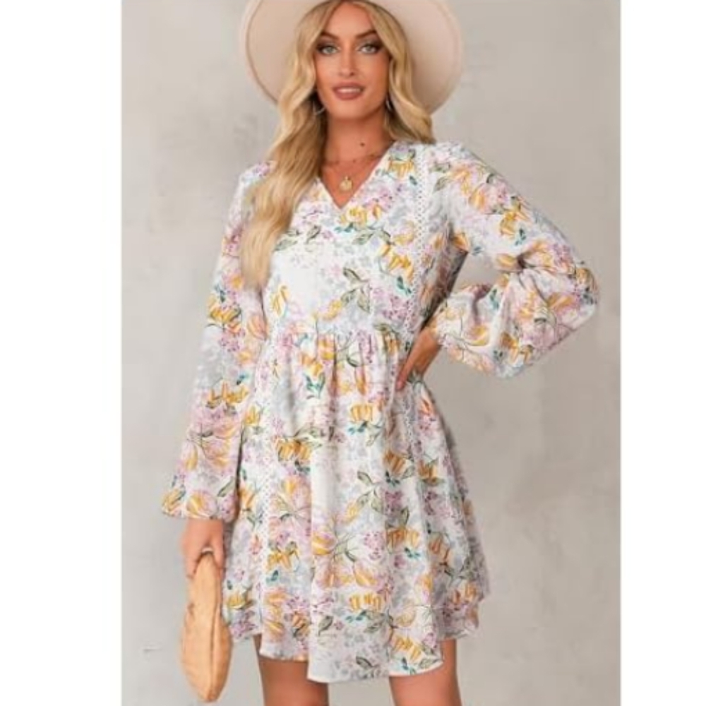 DOKOTOO | Women's White V-Neck Floral Embroidered Lace Trim Mini Dress